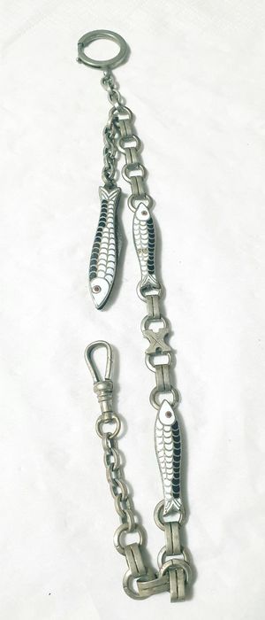 Antiga corrente de relógio de bolso em alpacca e esmalte com canivete