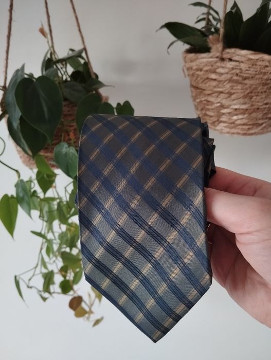 Męski jedwabny krawat 100% silk, ciemnozielony, khaki, kratka, 9,5 cm