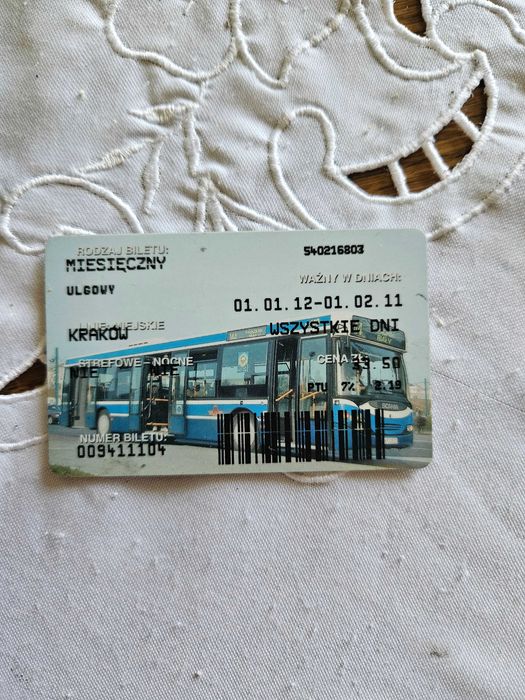 Stary bilet miesięczny MPK Kraków 2001 r.