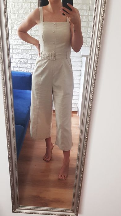 Kombinezon dlugi ramiączka kremowy beż elegancki guziki pasek M 38
