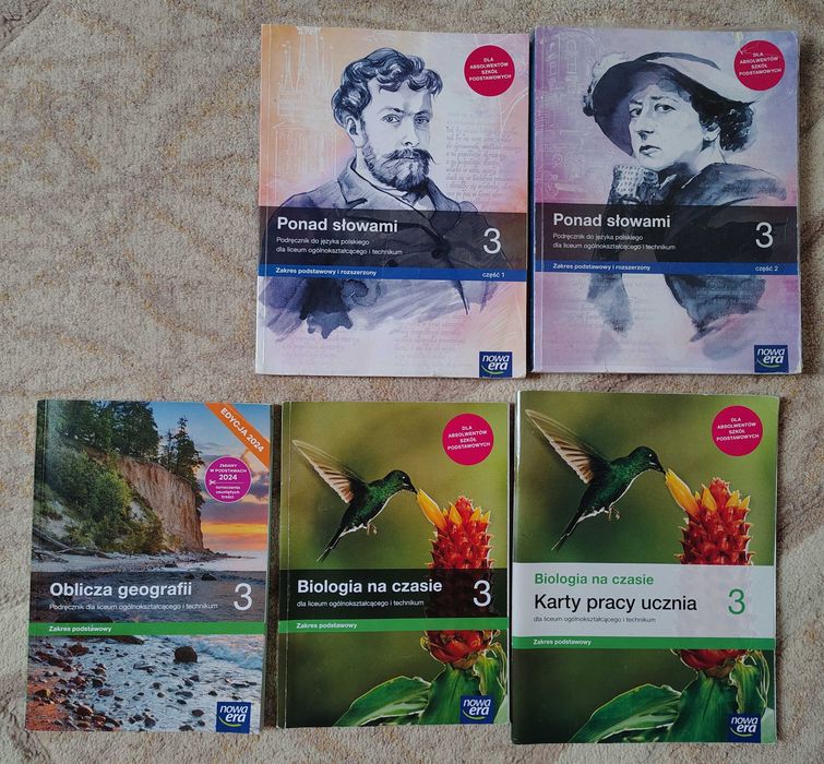 książki klasa 3 ponad słowami cz. 1 i 2, biologia zakres podstawowy, geografia zakres podstawowy