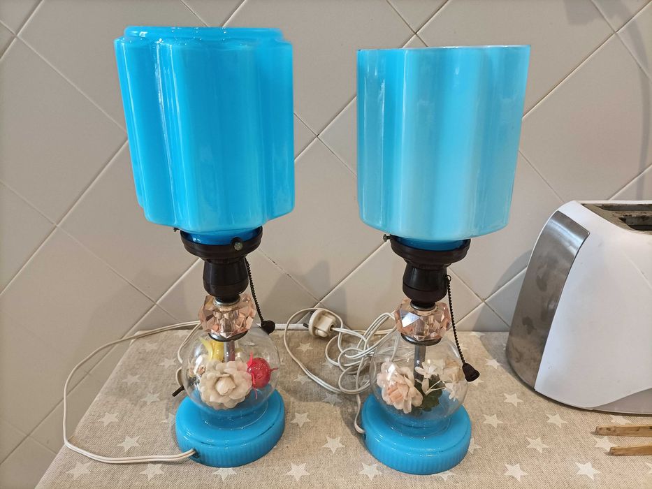 Vintage 60's Par Candeeiros Vidro Azul Opalino