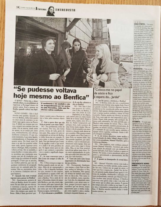 Benfica - entrevistas a Roger e Nuno Gomes - jornal O Jogo de dezembro 2000