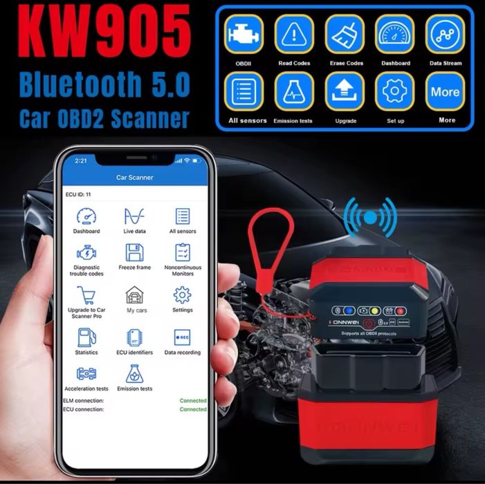 Диагностический сканер KONNWEI KW905 ELM327 v1,5 OBD2 iOS, android