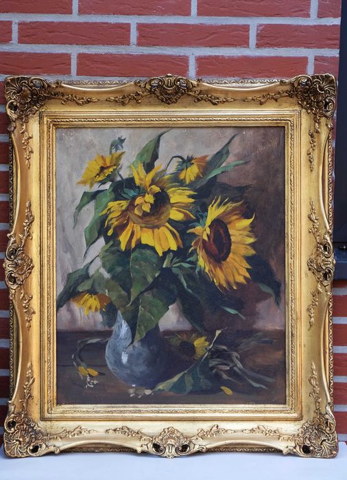 Шикарная,старая картина маслом натюрморт с подсолнухами