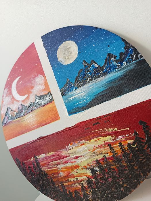 Obraz jezioro zachód słońca hadmade akwarele