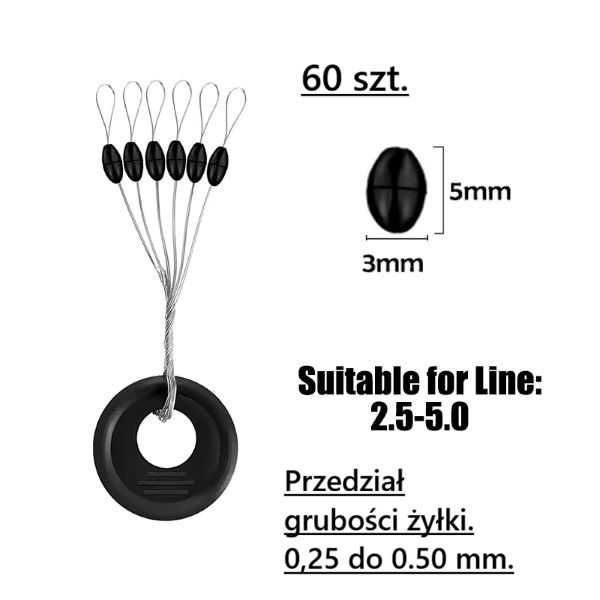 Stopery wędkarskie 60 szt. oliwka. 0,25 do 0,50 mm.