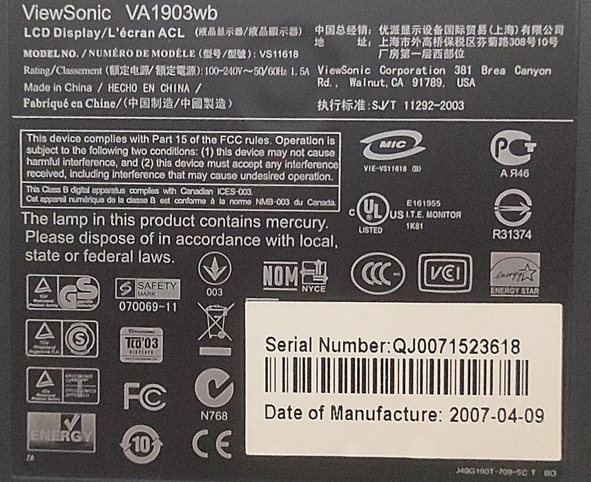 Монітор ViewSonic VA1903wb