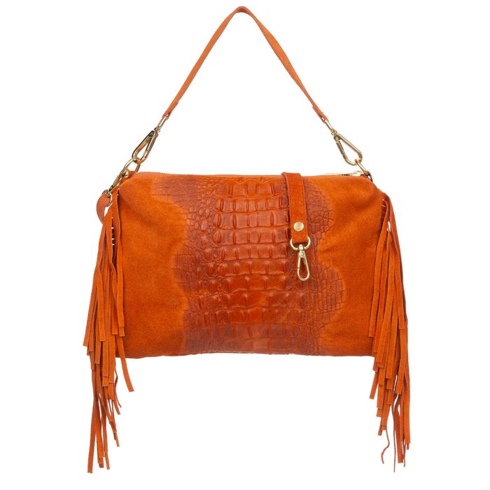 VERA PELLE torebka zamszowa listonoszka z frędzlami V492 pomarańczowa