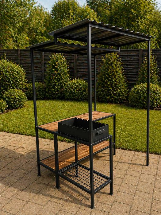 Мангал LOFT стаціонарний з навісом, дровницею  Обідня BBQ зона із мангалом (11 пазів)