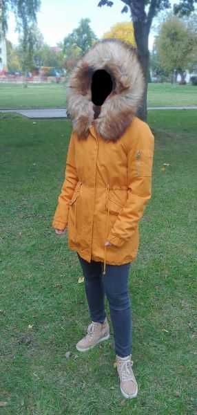 Kurtka parka musztardowa zima 2w1 z odpinanym futerkiem S'West M