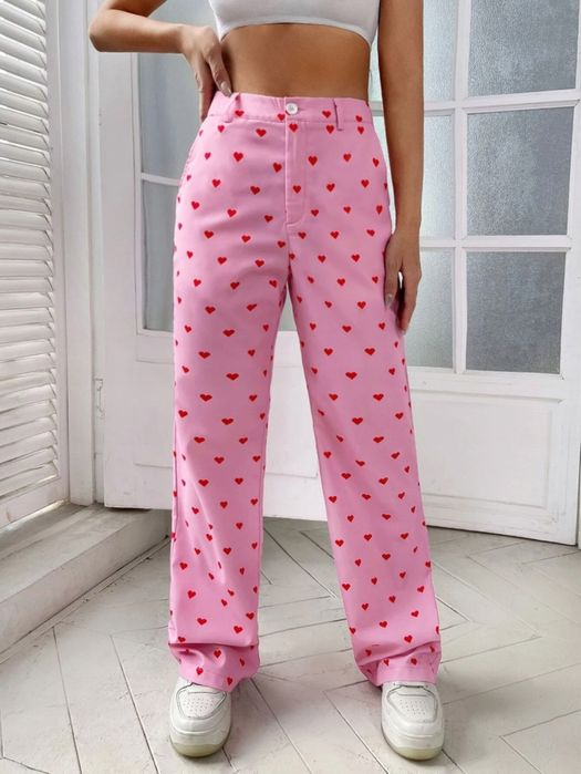 Прямі рожеві штани на високій посадці в серця від shein