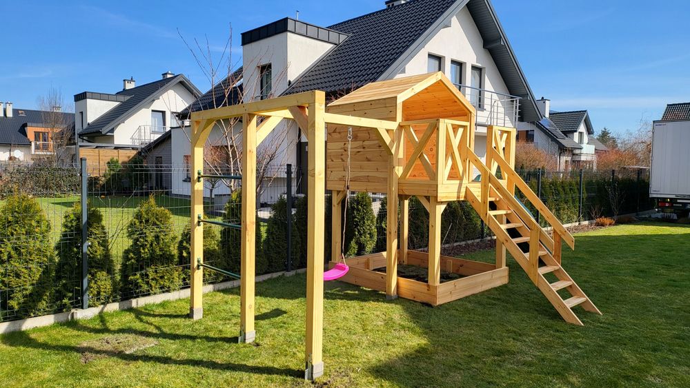 Duży Drewniany Domek dla Dzieci WENUS Plus Huśtawka, Zjeżdżalna