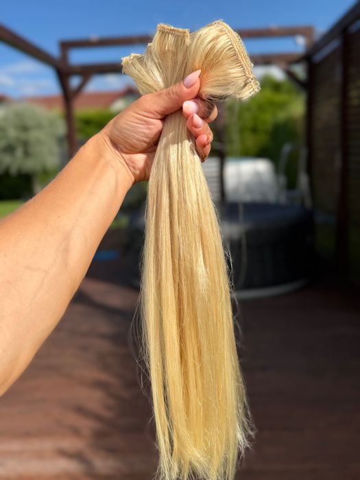 Włosy naturalne doczepiane blond klipsy 40 cm
