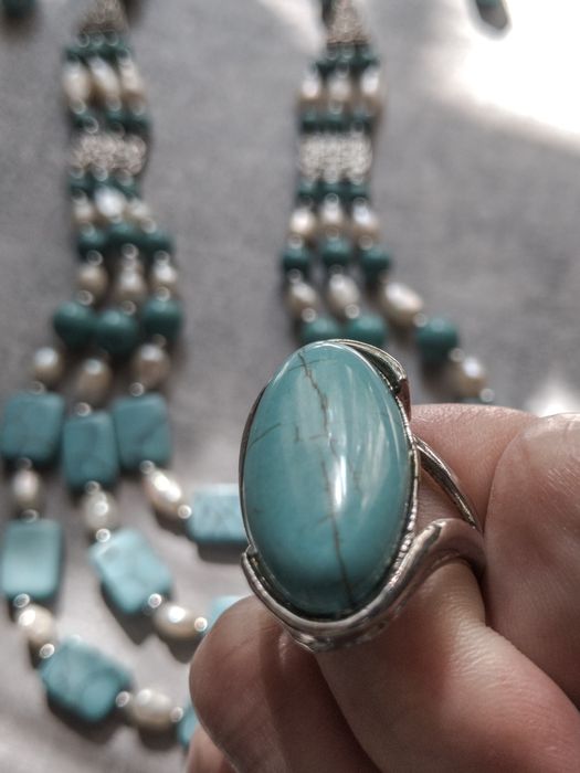 Винтажный набор, ожерелье серьги кольцо цвет бирюза