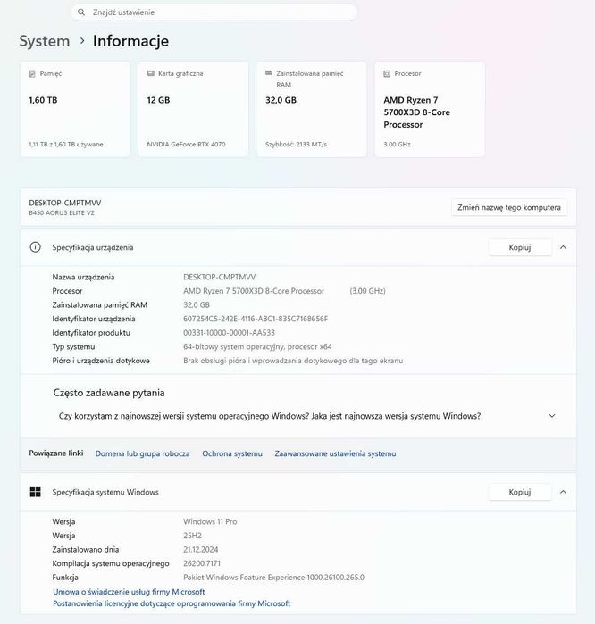 Komputer Stacjonarny RTX 4070 12GB, Ryzen 7 5700X3D, 32GB RAM, OKAZJA