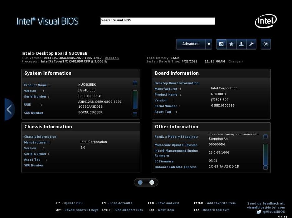 Intel NUC8i3BEK2 i3 8109U 2C4T 3.6GHz Iris 655 32GB DDR4x2 M2 NVMe TB3 HDMI 4K WiFi AC BT5 LAN USB-C microSD slim kit PSU USBAx4 2400MHz 117x112x36 IR