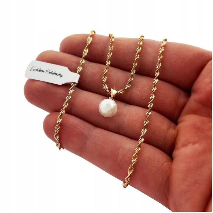 Damski Złoty Łańcuszek Stal 316l Wisiorek Zawieszka Biała Perła + Dedy