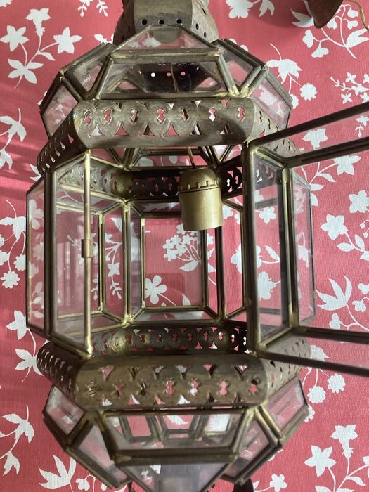 Lanterna decorativa antiga / luminária pendente – metal e vidro
