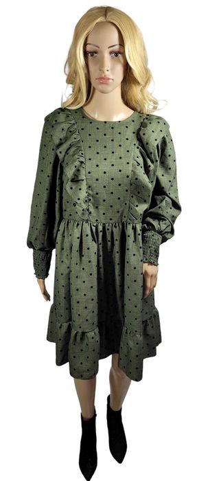 Nowa sukienka khaki 38,M Primark wzór kropki groszki falbany bufki