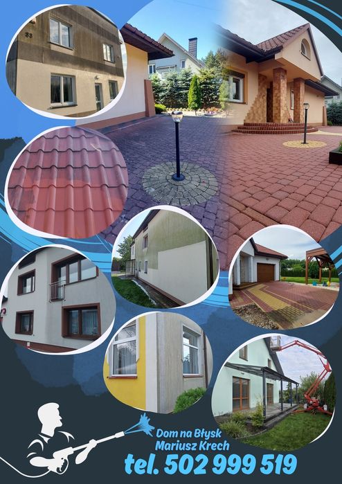 Mycie ciśnieniowe kostki, elewacji i dachów, ścinka drzew, krzewów.