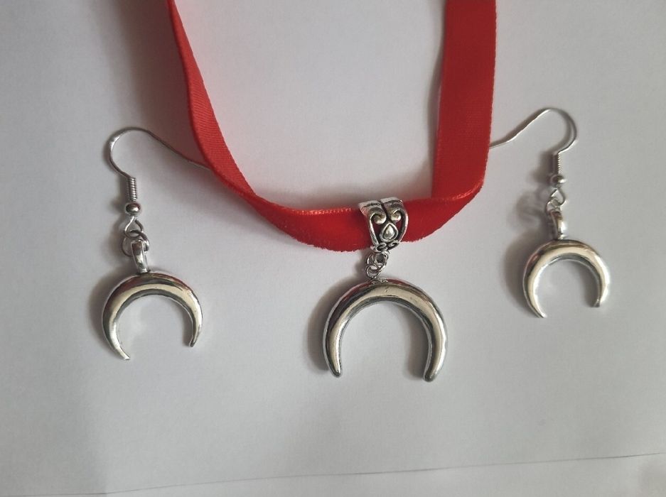 Komplet lunula choker słowiański naszyjnik kolczyki księżyc półksiężyc