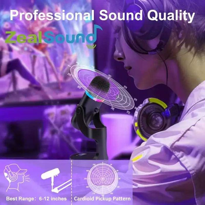 USB мікрофон ZealSound K66 PRO з RGB-підсвіткою для стрімінгу ( noise-canceling, touch control, gain & echo, чорний)