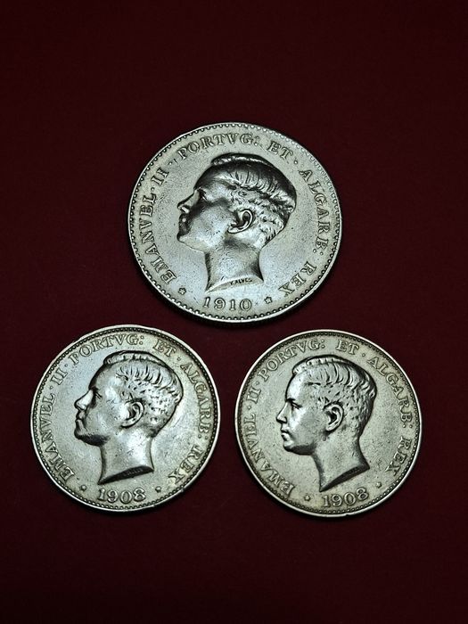 Lote de 3 moedas em reis de prata período D. Manuel II