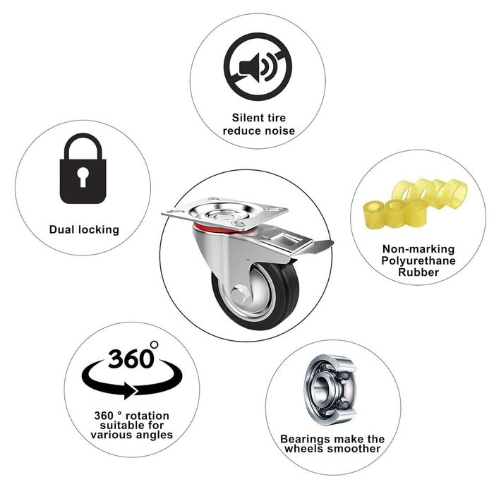 zestaw 4 gumowych kół transportowych 75 mm z hamulcami nośność 200 kg