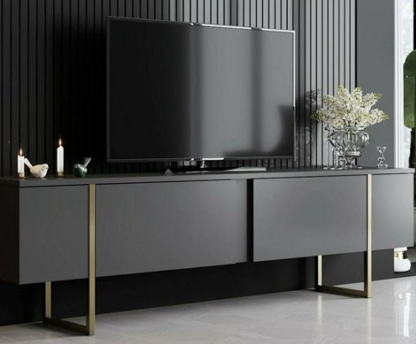 Móvel de TV – Cinzento com Pés Dourados