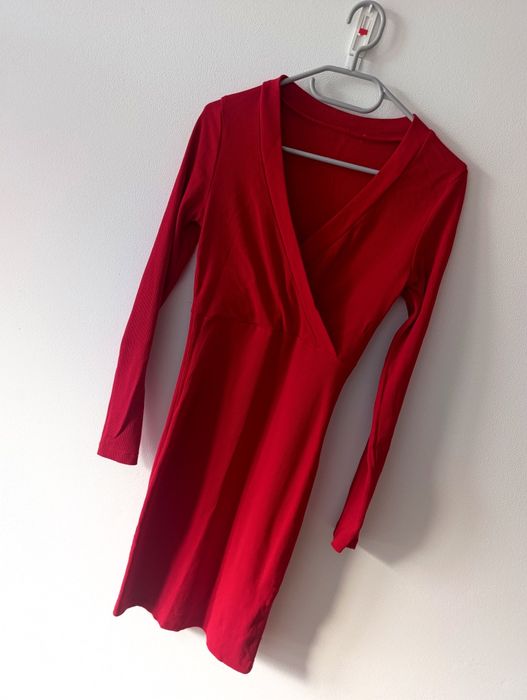 Damska czerwona seksowna sukienka, czerwona, dekolt V, Small Size, S,M