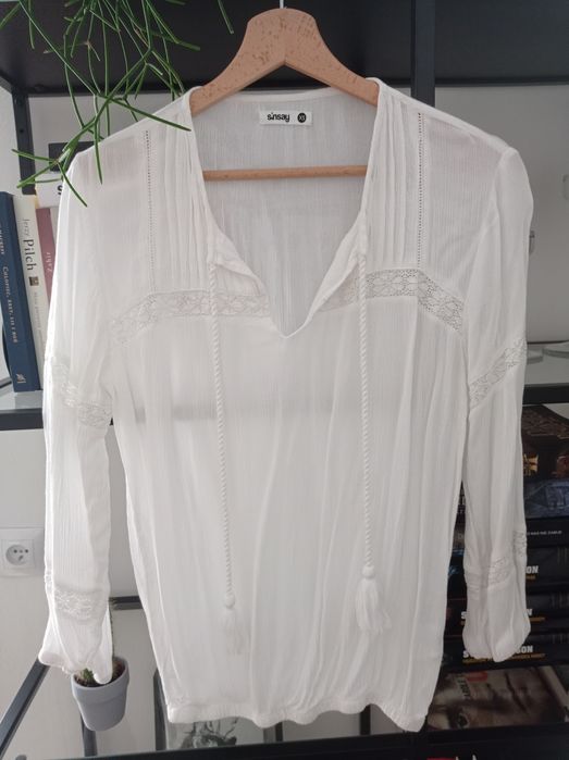 Bluzka w stylu Boho, koronka, chwosty, genialny skład. Rozmiar XS