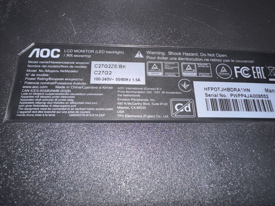 Monitor Gaming AOC LED C27G2ZE/BK