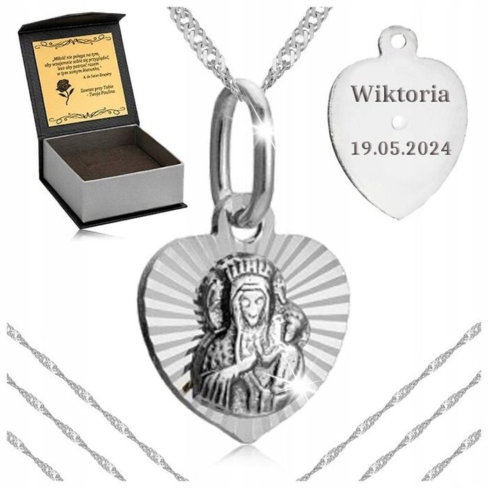 Lśniący Srebrny Naszyjnik Łańcuszek Damski + Medalik Zawieszka 925 Dla