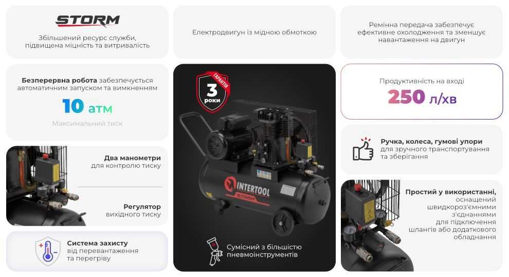 Компресор INTERTOOL PT-0011 50 л, 1,8 кВт, 220 В, 10 атм, 250 л/хв