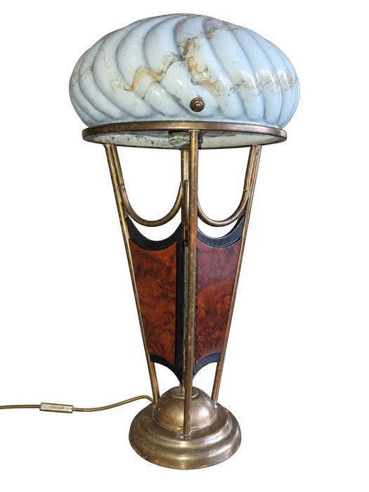 Duża lampa stołowa Art Deco – marmoryzowane szkło, chrom – wyjątkowa
