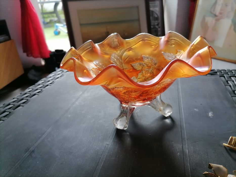 TAÇA VINTAGE CARNIVAL GLASS RARA - Laranja Iridescente, Design "Folhas