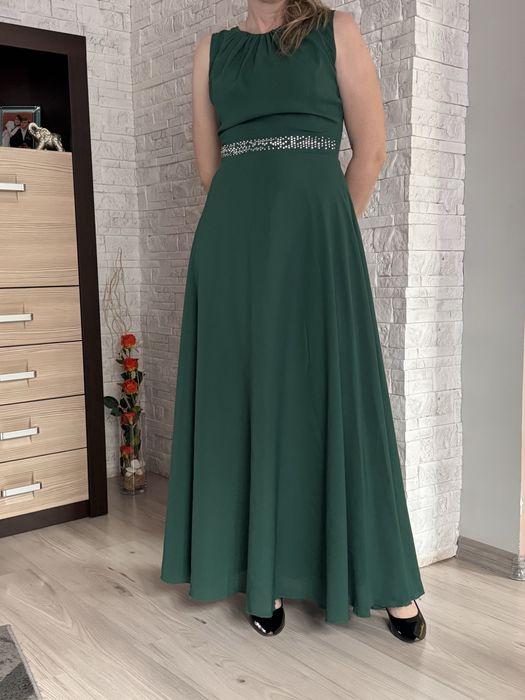 Sukienka butelkowa zieleń długa wieczorowa na wesele tiul