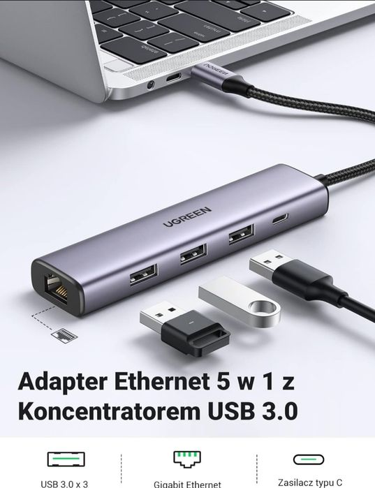 Ungreen Hub USB 3 USB 3.0 1 USB-C 1 Ethernet RJ-45 Gigabit 5w1