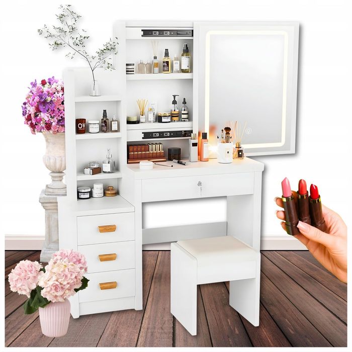 TOALETKA DO MAKIJAŻU z Lustrem LED i Taboretem dla Dziewczynki Kobiety