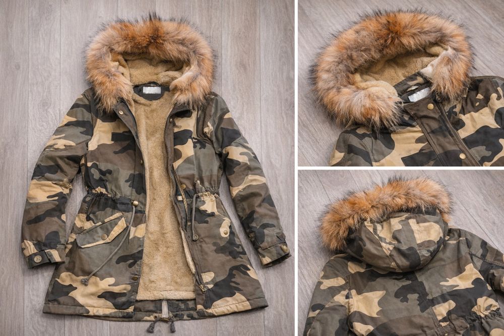 Damska parka zimowa / Kurtka zimowa z futrzanym kapturem – moro XS S M