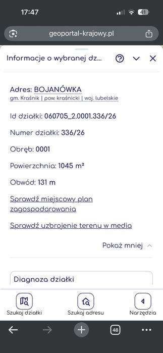 działka budowlana (20,5 ara) pod lasem   Kraśnik-Bojanówka