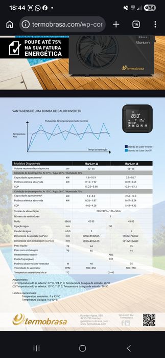 Bomba de calor piscina 11kw até 60m3 Termobrasa - Titanium 11