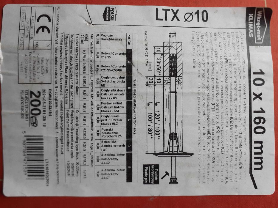 Kołki do mocowania styropianu Klimas Wkręt-Met 10x160