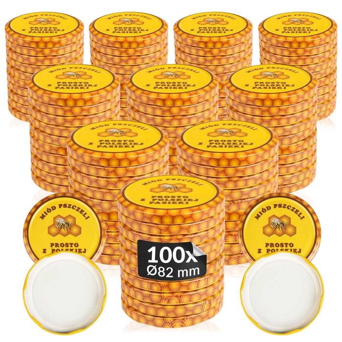 100x Zakrętki fi 82 do miodu WIECZKA 6-ZACZEPOWE na miód "Miód Pszczeli"