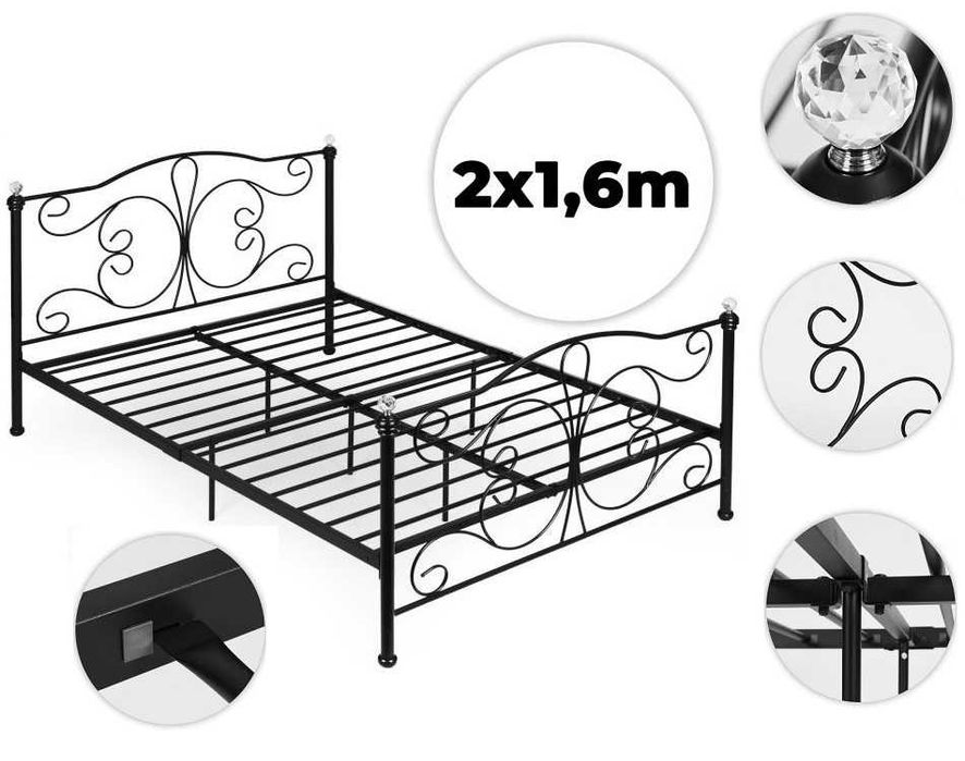 ŁÓŻKO metalowe 140x200 cm ze stelażem CZARNE KLASYCZNE
