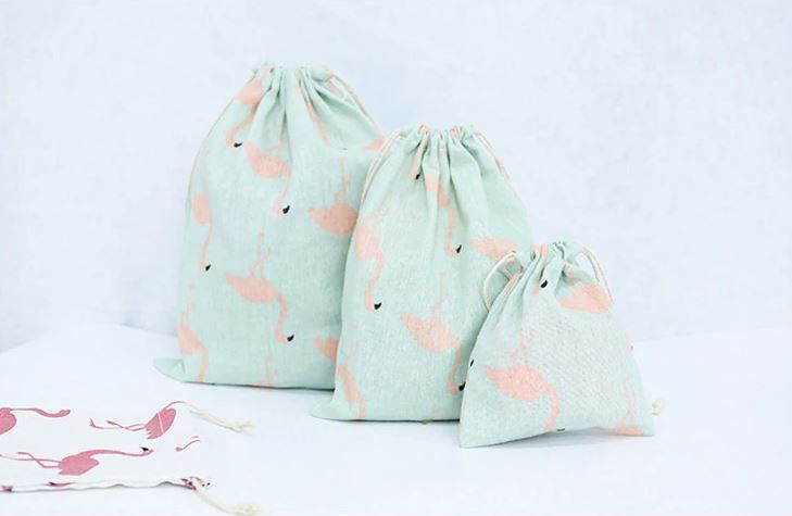 Lot of 2 Linen Bags (Flamingos + Plain) with Drawstring!64553269431297120