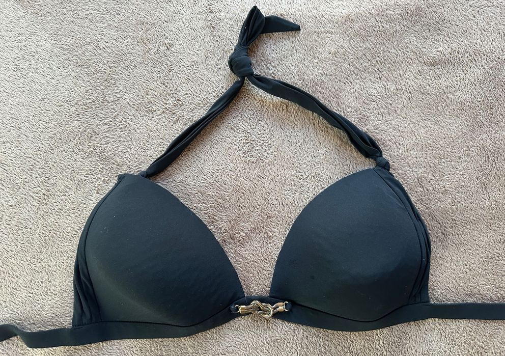 Czarny stanik bikini glamour 80C złoty łańcuch wiązane trójkąt