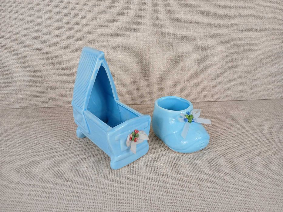 Ceramiczny zestaw prezentowy chrzest urodziny chłopiec Kołyska i bucik