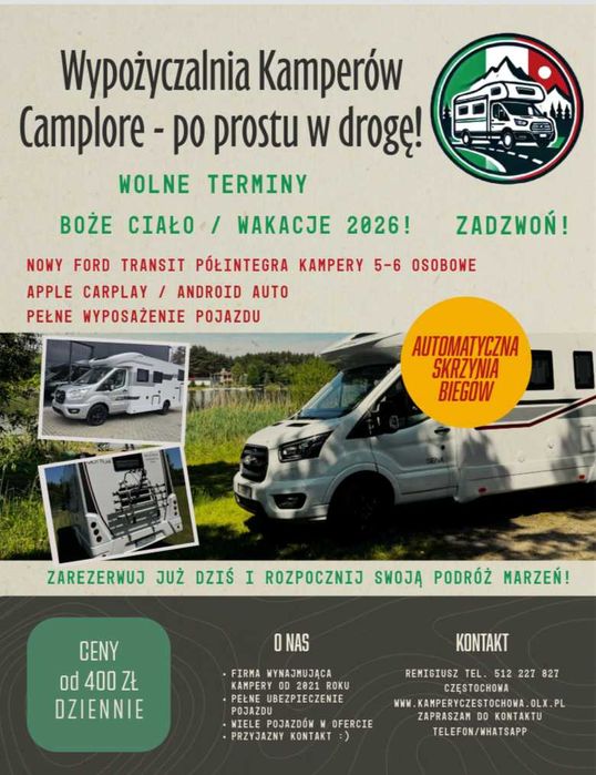 WOLNE TERMINY WRZESIEŃ PAŹDZIERNIK NOWY Kamper na wynajem AUTOMAT wolne terminy NOWE Kampery na wynajem Wypożyczalnia Kamperów